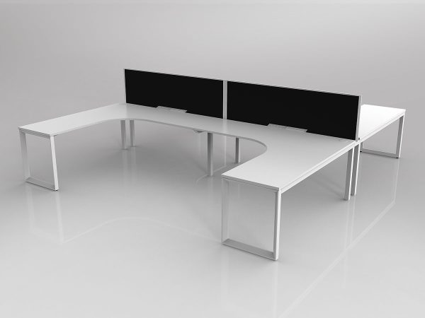Anvil Shared 90 Degree Workstation H Layout in White with 4x worktops with Solid Core Central Divider Screen