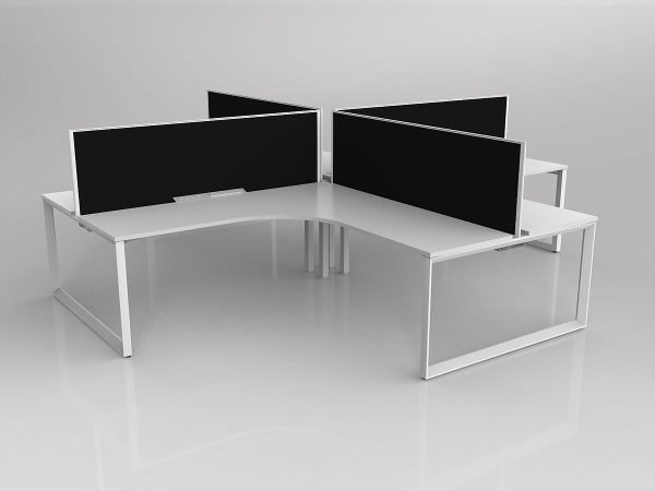 Anvil Shared 90 Degree Workstation Tee Layout in White with 4x Worktops with Solid Core Central Divider Screen