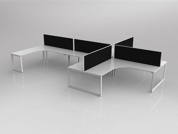 Anvil Shared 90 Degree Workstation Tee Layout in White with 6x Worktops with Solid Core Central Divider Screen
