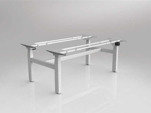 Agile Three Column White Electric Desking Frame Shared Doublesided with Two Worktops